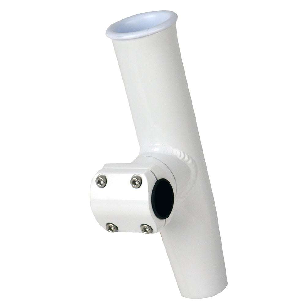C.E. Smith adjustable mid-mount rod holder in white powder-coated aluminum with sleeve and hex key, fits 1-1/4" or 1-5/16" OD rods.