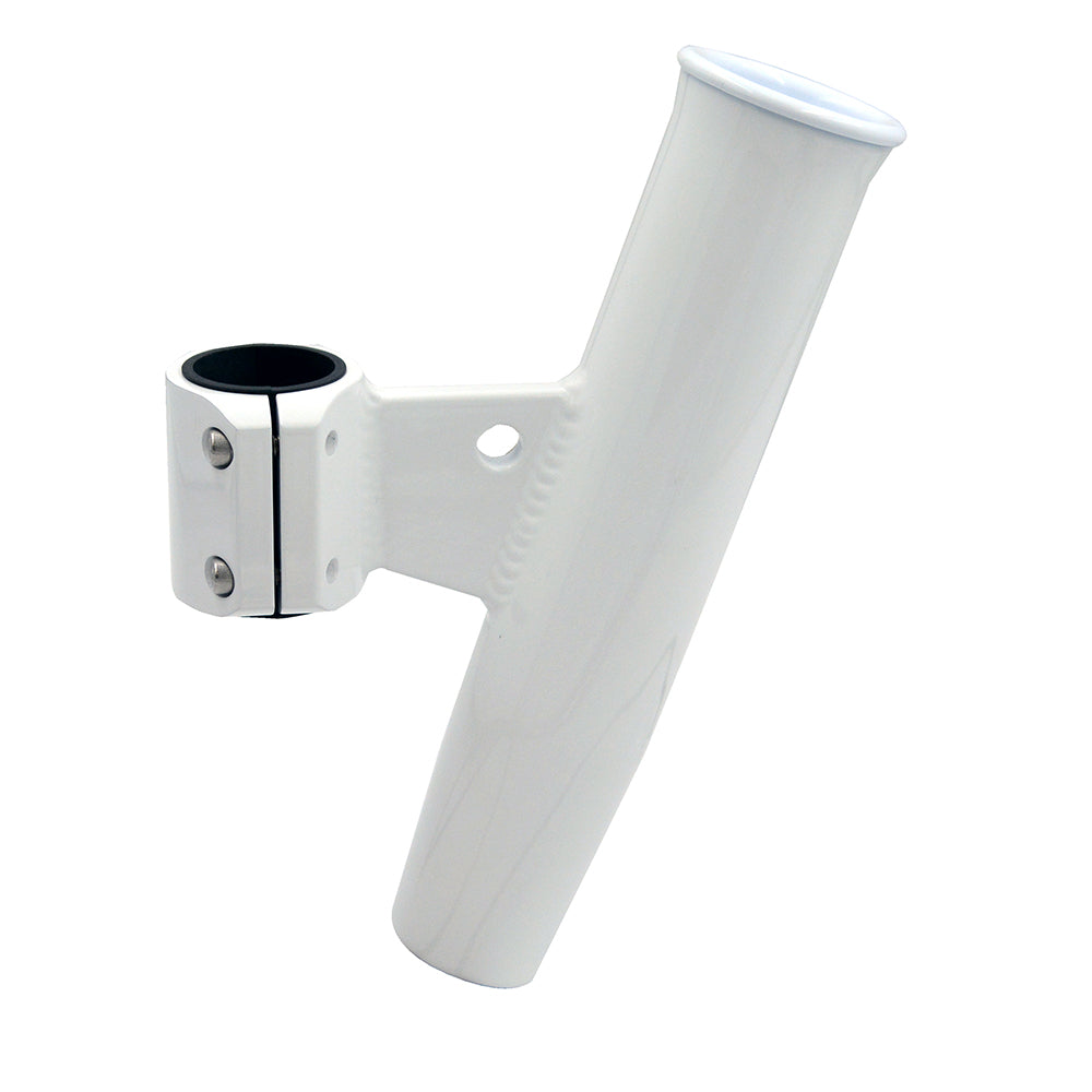 C.E. Smith aluminum vertical clamp-on rod holder with white powdercoat finish and sleeve for 1-2/3 inch OD rods, suitable for marine use.