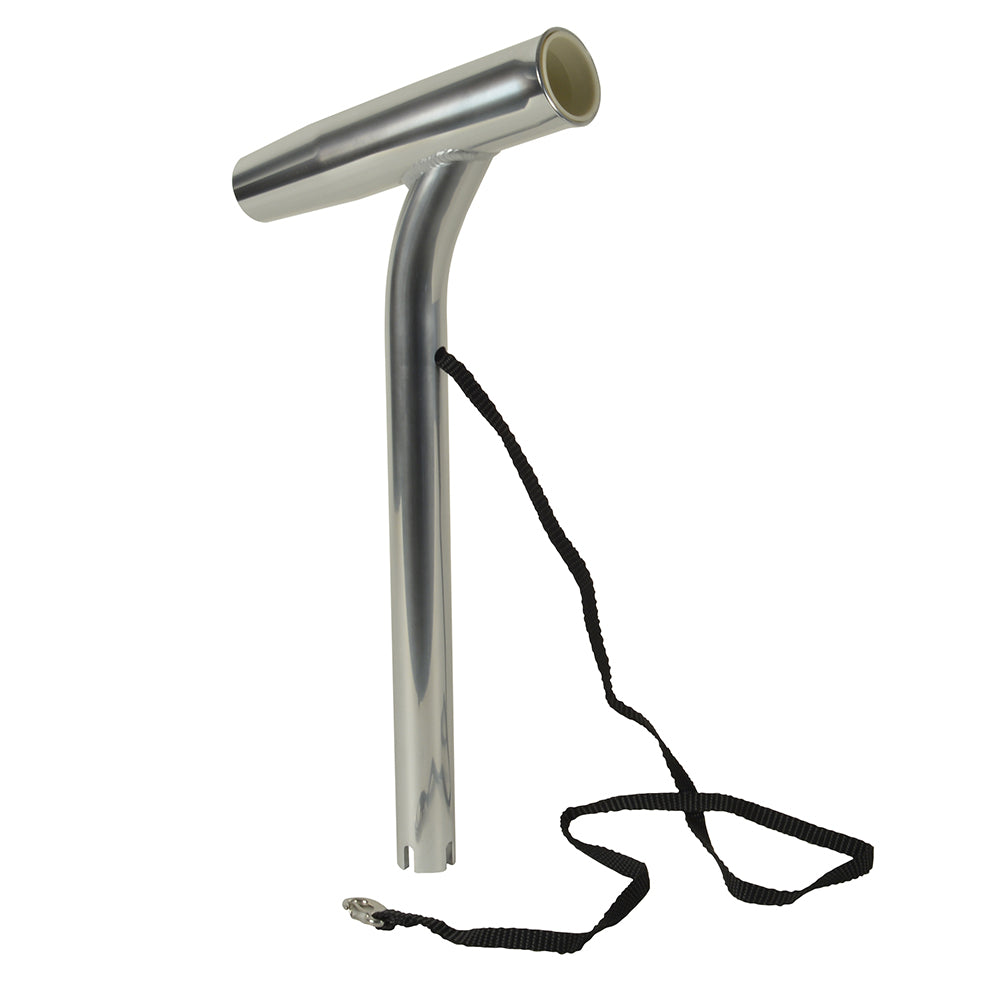 Aluminum C.E. Smith outriggers rod holder with liner strap, designed for secure fishing rod storage on boats.