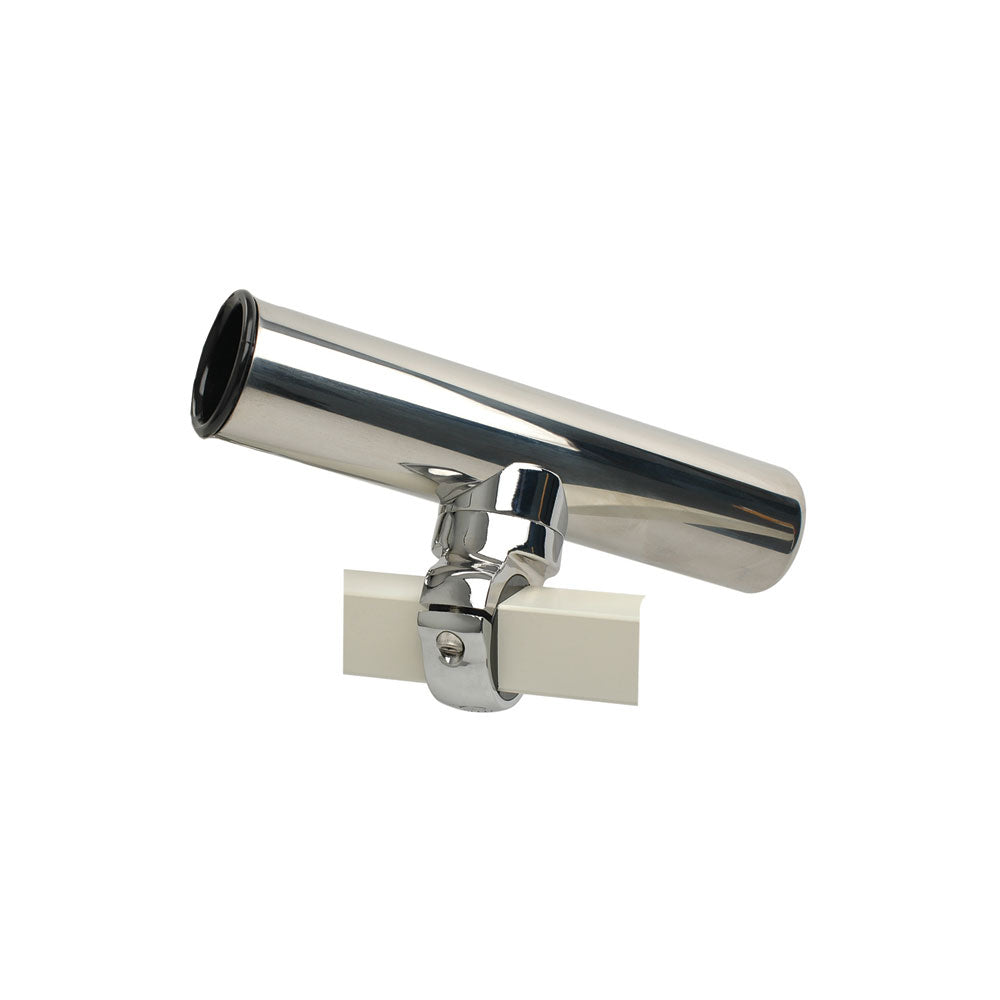 C.E. Smith Pontoon Square Rail Adjustable Clamp-On Rod Holder mounted on boat rail, designed for secure fishing rod storage.
