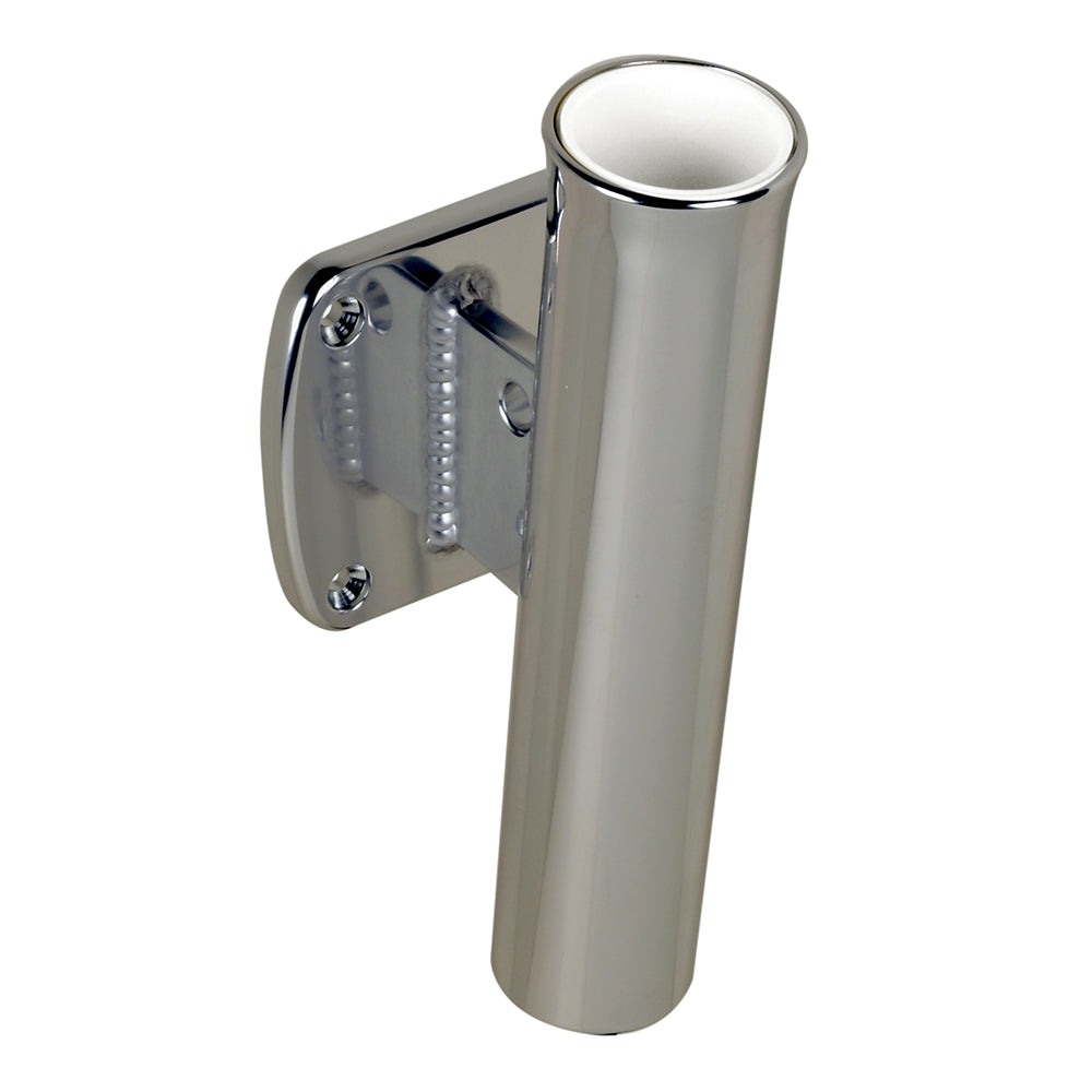 C.E. Smith single aluminum transom mount rod holder with 5-degree angle for fishing boats, showing the mount and holder in use.