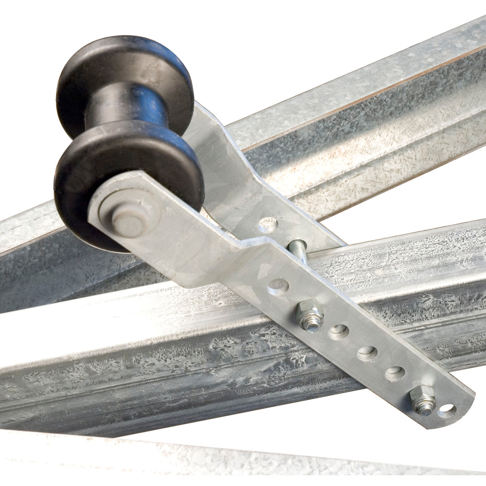 Black C.E. Smith 5-inch adjustable keel roller assembly for 3-inch trailer tongue, with sturdy roller and mounting bracket.