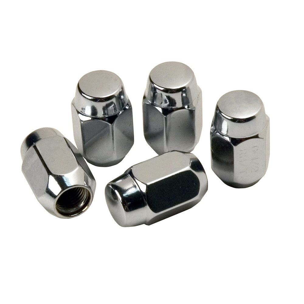 C.E. Smith chrome acorn wheel nuts, 1/2"-20, for rollers and brackets, shown on a vehicle wheel.