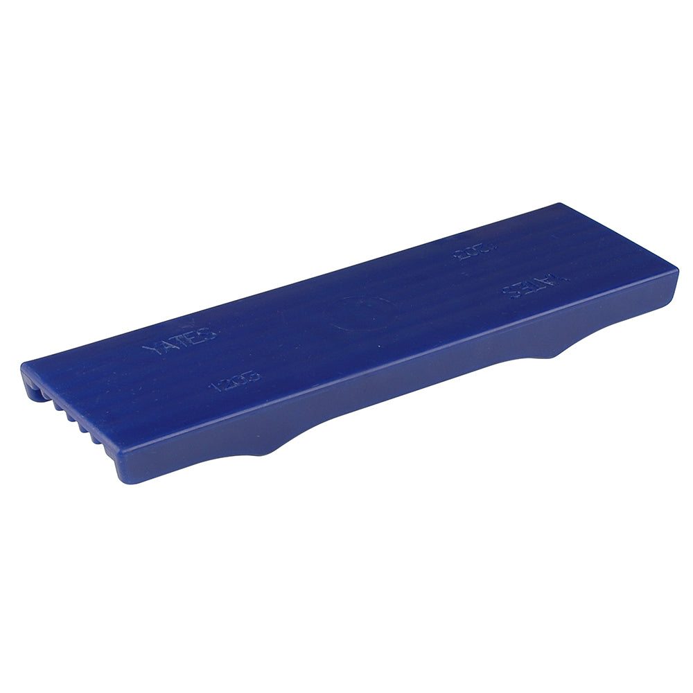Blue C.E. Smith Flex Keel Pad in full cap style, 12x3 inches, shown on roller and bracket setup for boat keel protection.