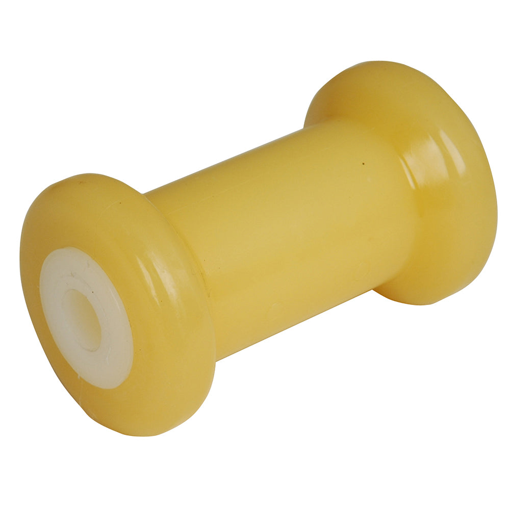 C.E. Smith 5-inch spool roller with 5/8-inch ID, gold TPR wheel, bushing, and white solid construction for boat trailer use.