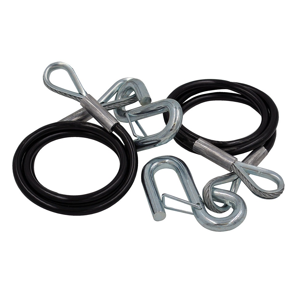 Pair of C.E. Smith safety cables with 5000lb capacity, PVC coating, designed for secure tie-downs and load safety.