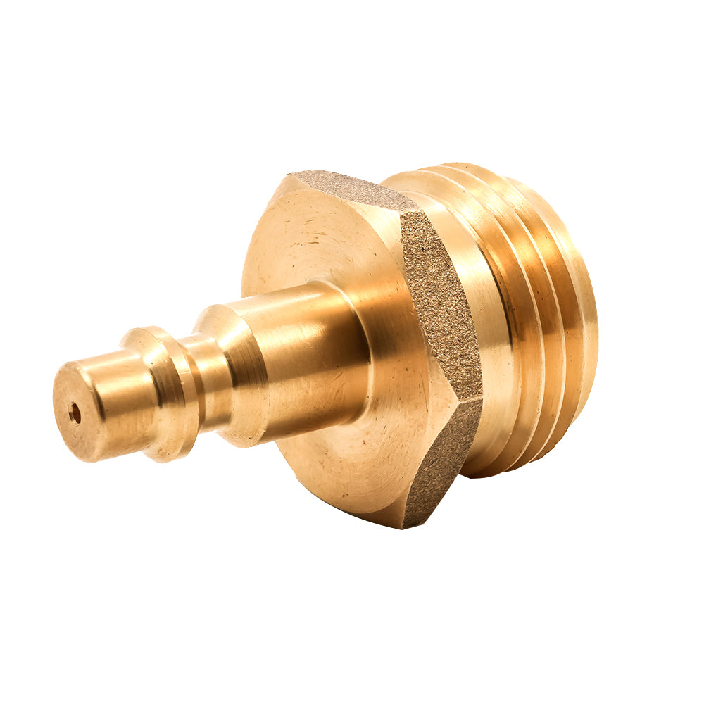 Brass Camco Blow Out Plug with quick-connect style, used as an RV or plumbing accessory for winterization or draining purposes.
