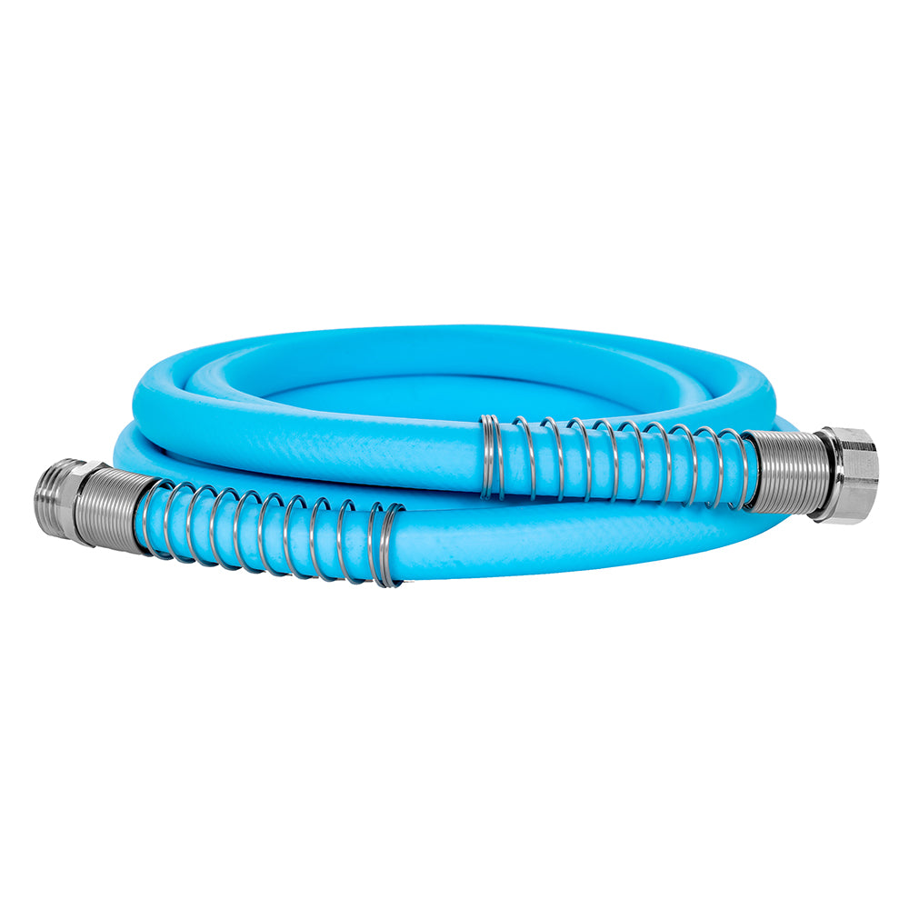 Camco EvoFlex 10-foot drinking water hose, flexible and durable RV water accessory with blue and clear design.