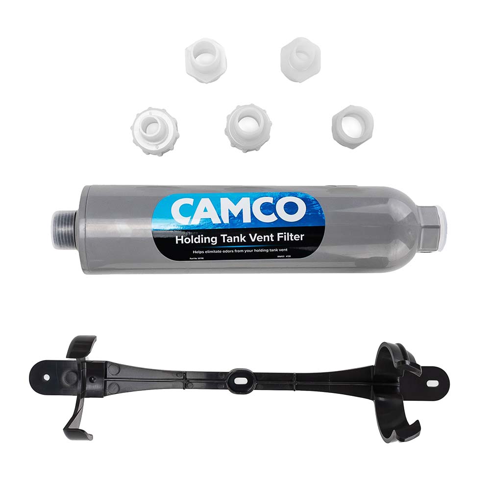 Camco Marine Holding Tank Vent Filter Kit, accessory for RV and boat waste tanks, with white filter and mounting components.