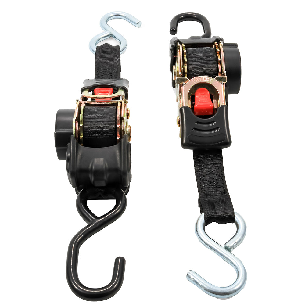 Camco retractable tie-down straps with 1-inch width and 6 dual hooks, ideal for securing cargo and accessories.