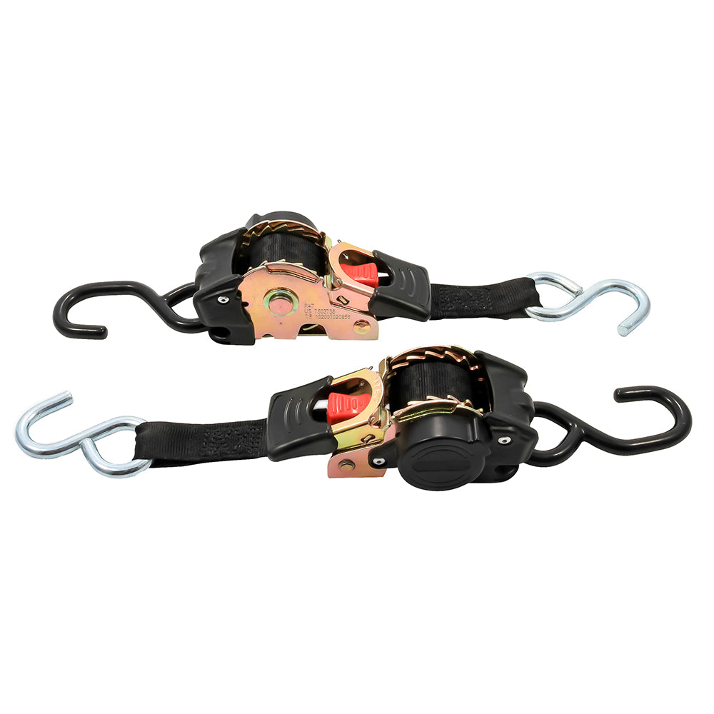 Camco retractable tie-down straps with 1-inch width and 6 dual hooks, designed for securing cargo and accessories.