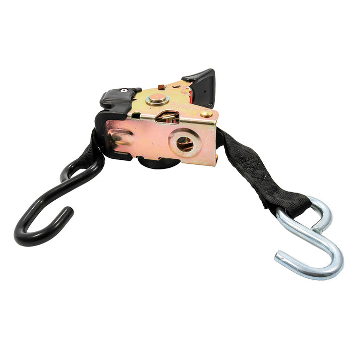 Camco retractable tie-down straps with 1-inch width and six dual hooks for securing cargo or equipment.