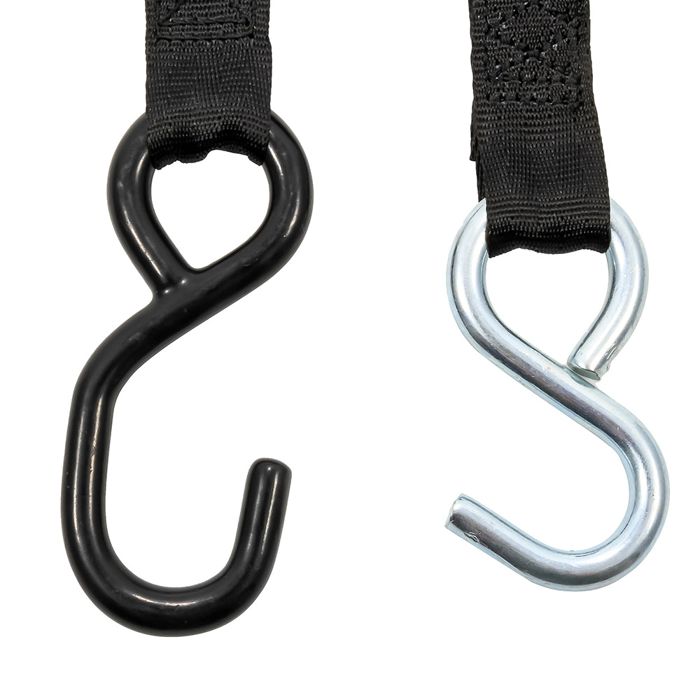 Camco retractable tie-down straps with 1-inch width and 6 dual hooks, designed for secure cargo fastening and transportation.