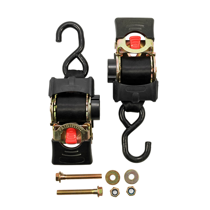 Camco retractable tie-down straps with 2-inch width and 5.5-inch bolt-on for secure cargo fastening.