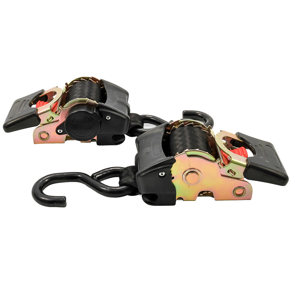 Camco retractable tie-down straps with 2-inch width and bolt-on design, used as accessories for securing cargo.
