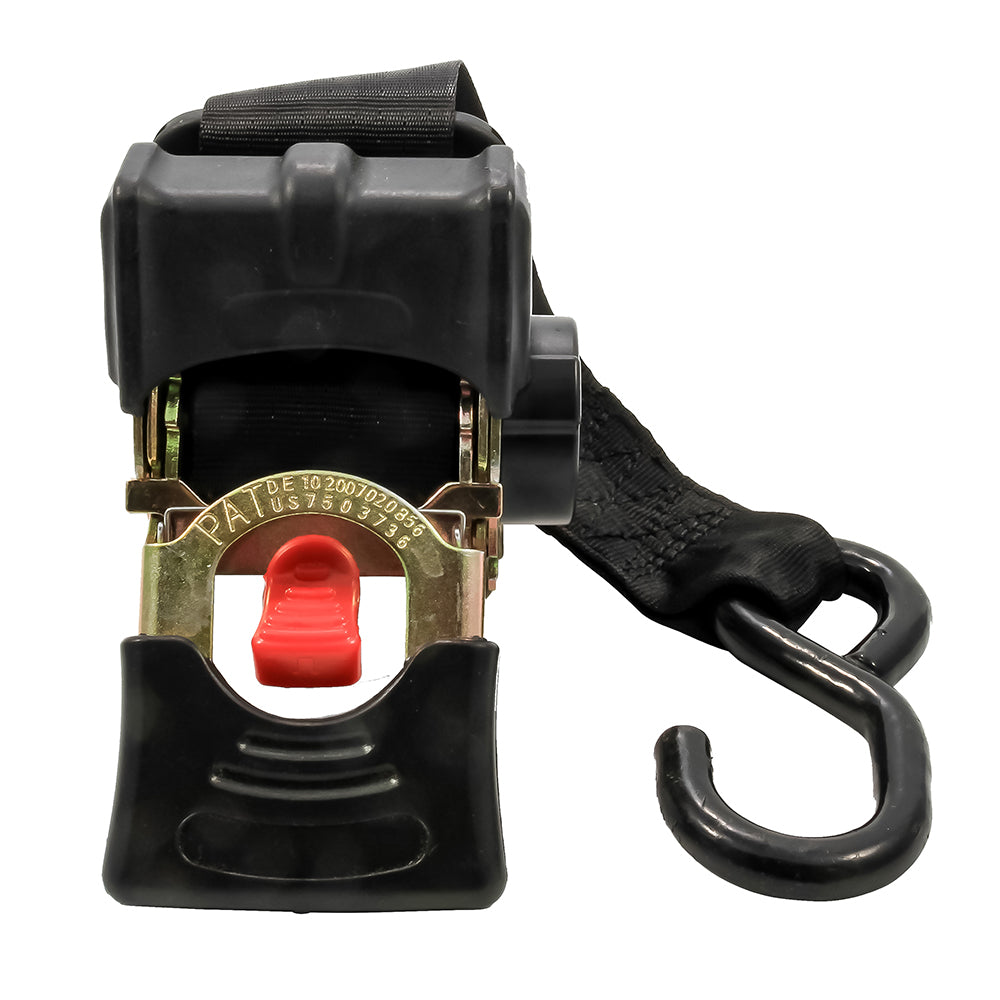 Camco retractable tie-down straps with 2-inch width and bolt-on design, used for securing loads or equipment.