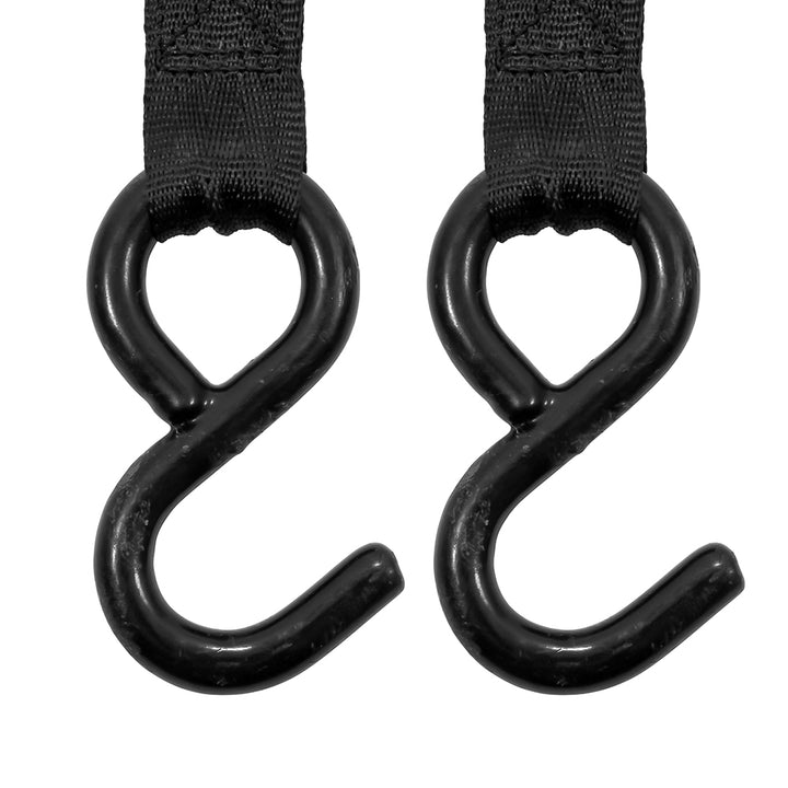 Camco retractable tie-down straps with 2-inch width and bolt-on design, used as durable cargo securing accessories.