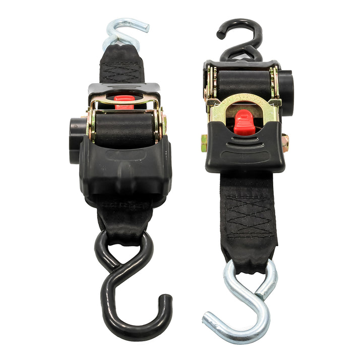 Camco retractable tie-down straps with 2-inch width and 6 dual hooks for securing cargo or equipment.
