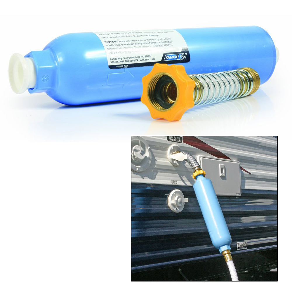 Camco TastePURE KDF/Carbon water filter with flexible hose protector for clean drinking water and easy attachment.