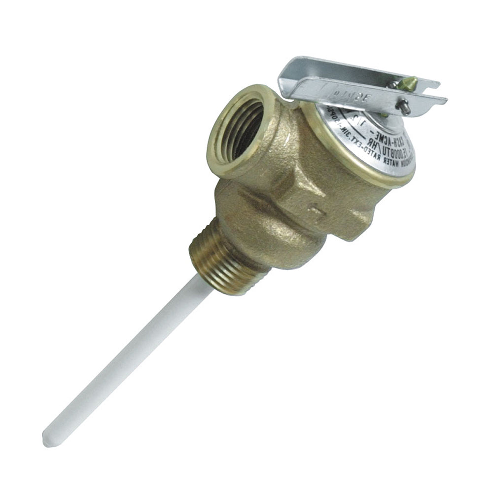 Camco temperature and pressure relief valve with 1/2-inch connection and 4-inch probe, designed for blowers and heaters.
