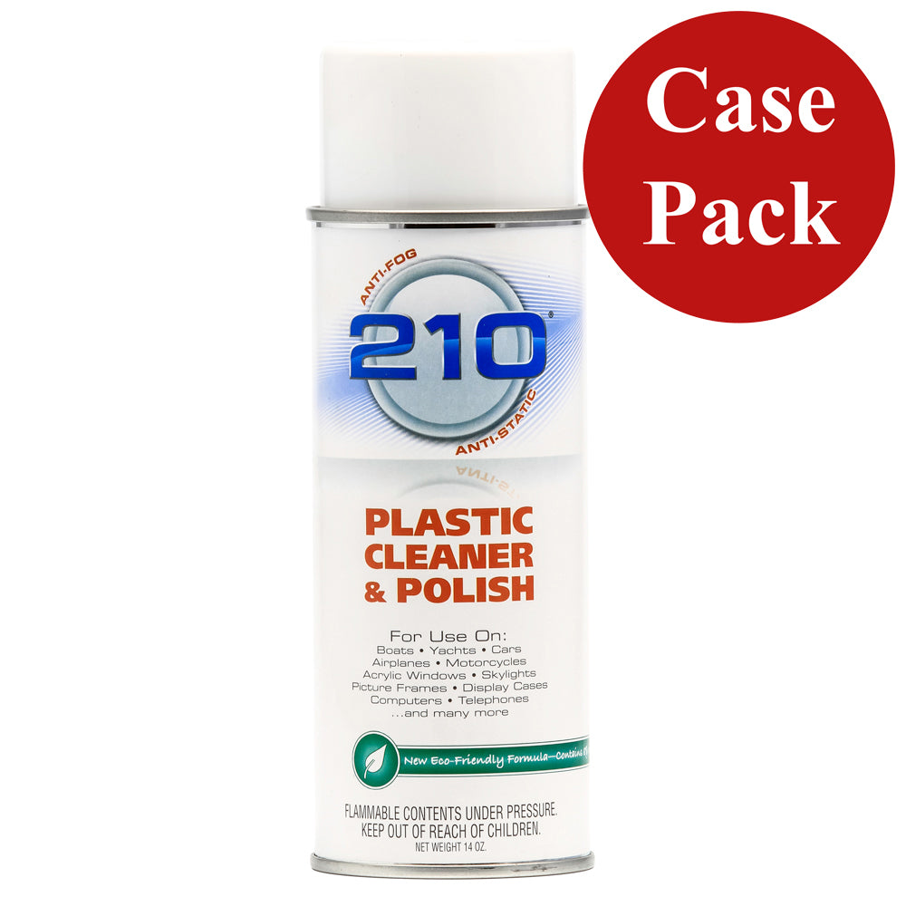 Camco 210 Plastic Cleaner Polish spray in a 14oz bottle, shown in a case of 12, used for cleaning and shining plastic surfaces.