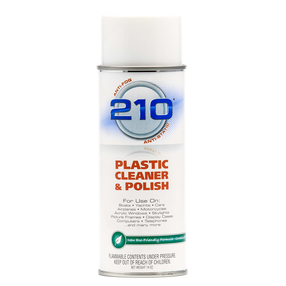 Camco 210 Plastic Cleaner and Polish spray bottle, 14oz, for cleaning and shining plastic surfaces.