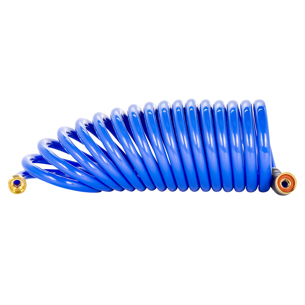 Camco 20-foot coil cleaning hose, flexible and durable, with easy connect fittings for garden or outdoor cleaning tasks.