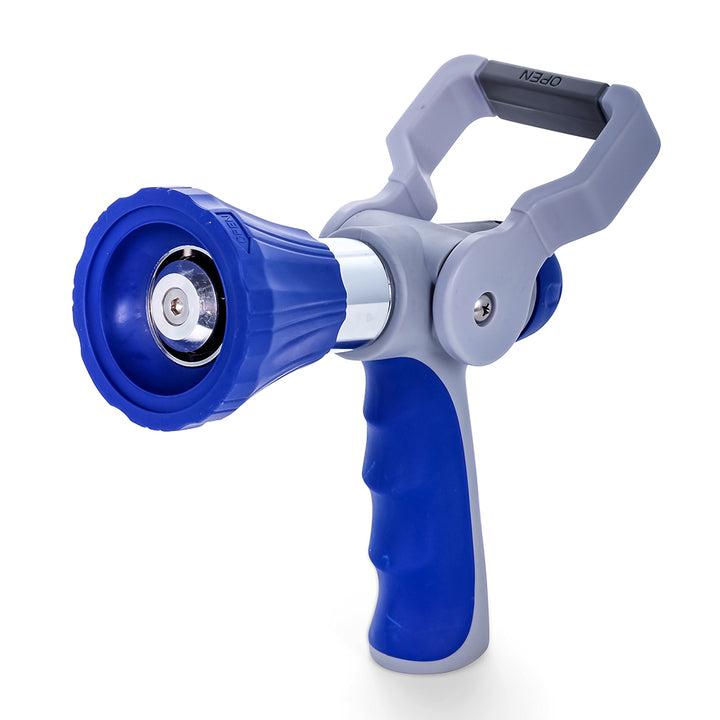 Camco coil hose nozzle with hand lever for cleaning, featuring adjustable spray and durable construction.