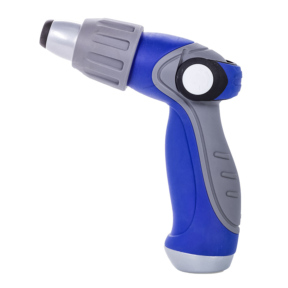 Camco coil hose nozzle with thumb lever for cleaning, featuring a durable design and adjustable spray settings.