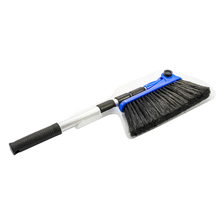 Camco RV cleaning broom and dustpan set, bilingual label, durable plastic handle, ideal for RV and outdoor cleaning tasks.