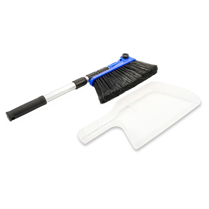Camco RV cleaning broom and dustpan set with bilingual labels, designed for easy outdoor and indoor cleaning.
