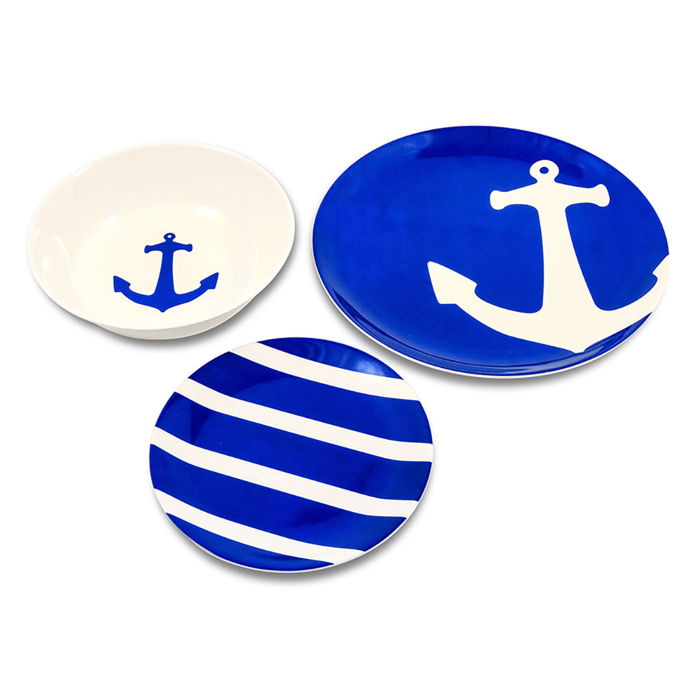 Camco 12-piece BPA-free dinnerware set for deck or galley, includes plates and bowls serving 4 people.