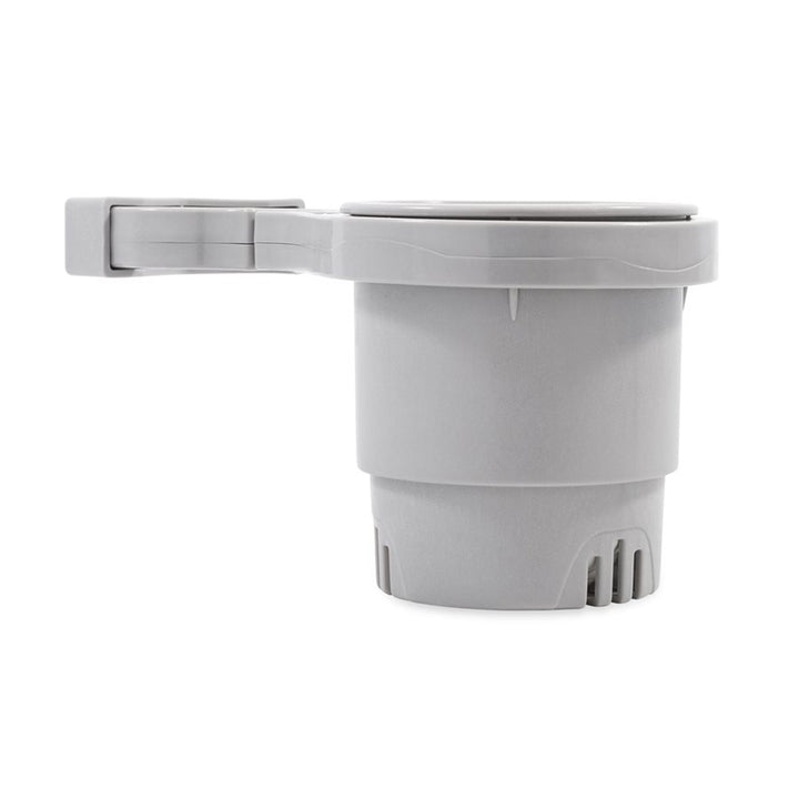 Camco large clamp-on rail-mounted cup holder in grey for decks or galleys, fits up to 2-inch rails.