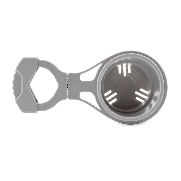 Camco clamp-on rail-mounted cup holder in grey for deck or galley, fits up to 2-inch rails, ideal for boat or RV use.