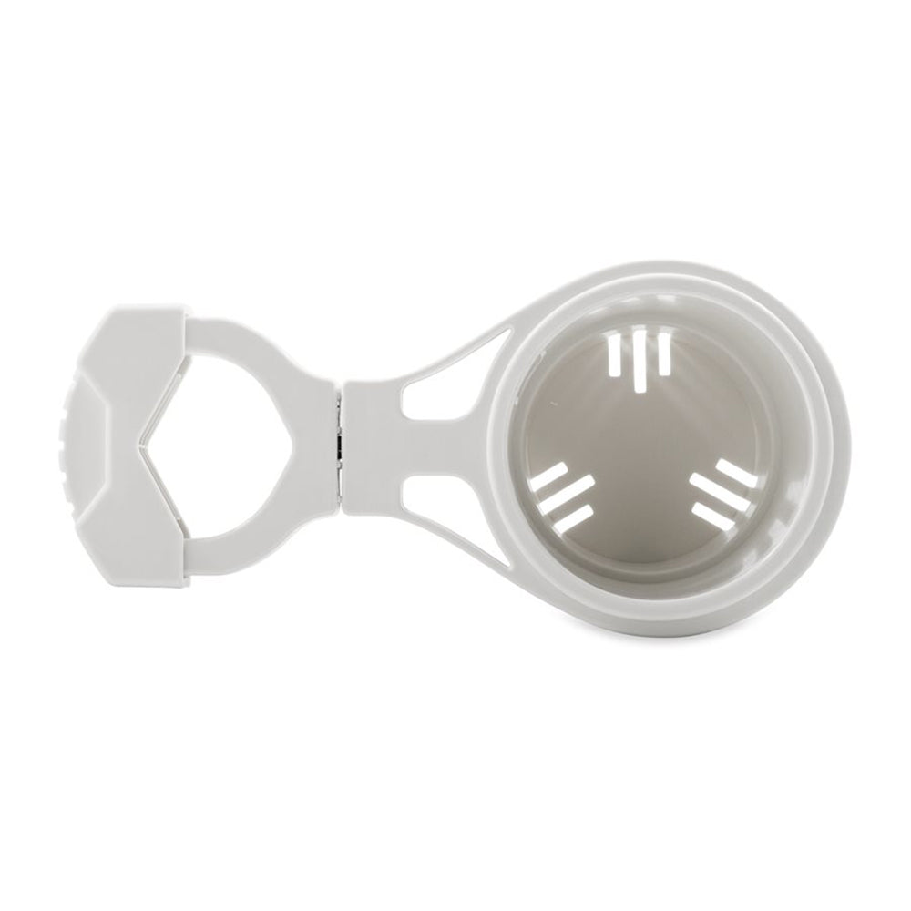 Camco large white clamp-on rail-mounted cup holder on boat deck or galley rail, fits up to 2-inch rails for secure drink storage.