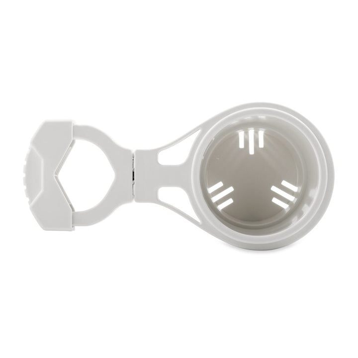 Camco large white clamp-on rail-mounted cup holder on boat deck or galley rail, fits up to 2-inch rails for secure drink storage.