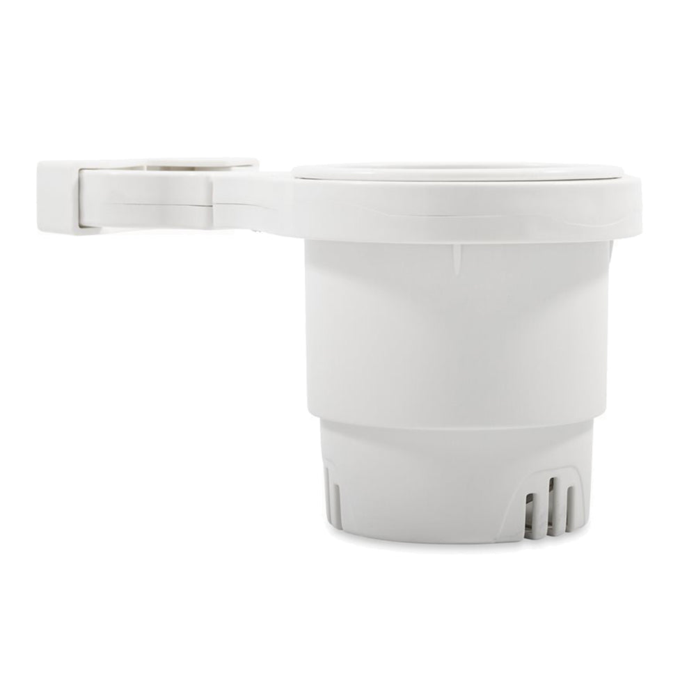 White Camco clamp-on rail-mounted cup holder for decks and galleys, fits up to 1-1/4 inch rails, compact and easy to install.