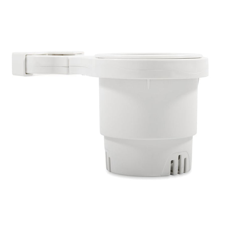 White Camco clamp-on rail-mounted cup holder for decks and galleys, fits up to 1-1/4 inch rails, compact and easy to install.