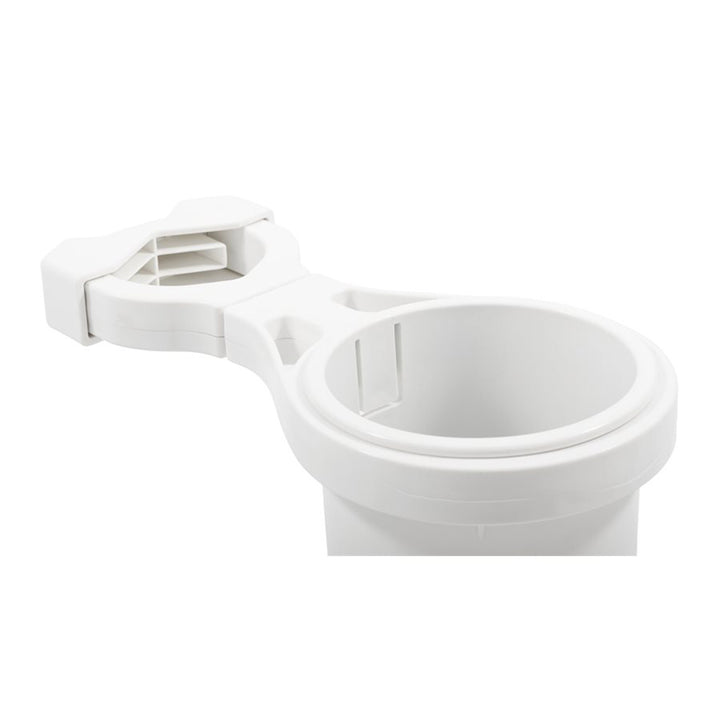 White Camco clamp-on rail-mounted cup holder for small rails up to 1-1/4 inches, ideal for deck or galley use.