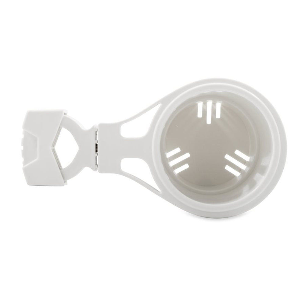 White Camco clamp-on rail-mounted cup holder for small rails up to 1-1/4 inches, perfect for deck or galley use.