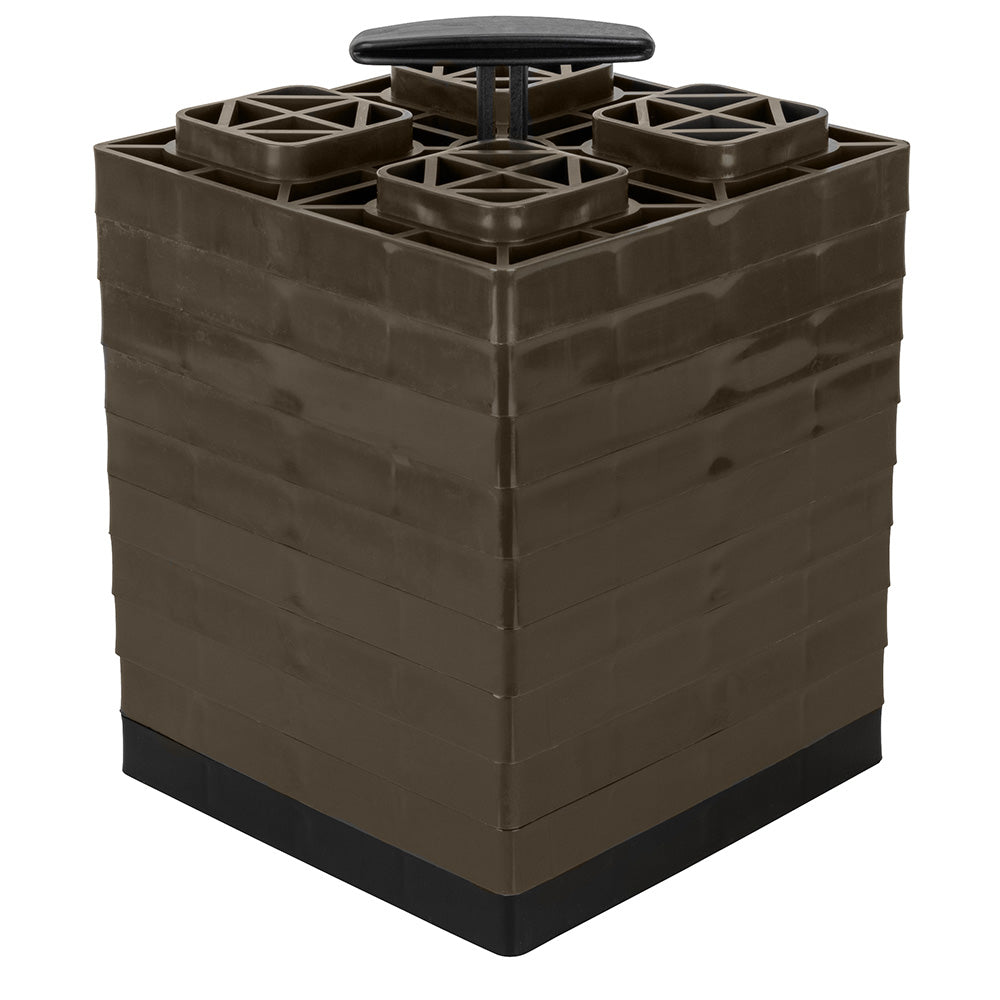 Camco FasTen leveling blocks with T-handle, 2x2 inches, brown, 10-pack for camper and RV leveling and stability.
