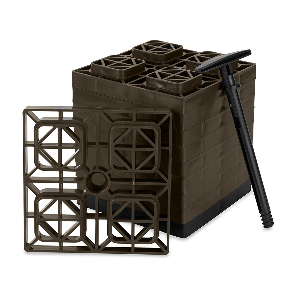 Set of 10 Camco FasTen leveling blocks with T-handle, 2x2 inches, brown, for RV and trailer leveling and stability.