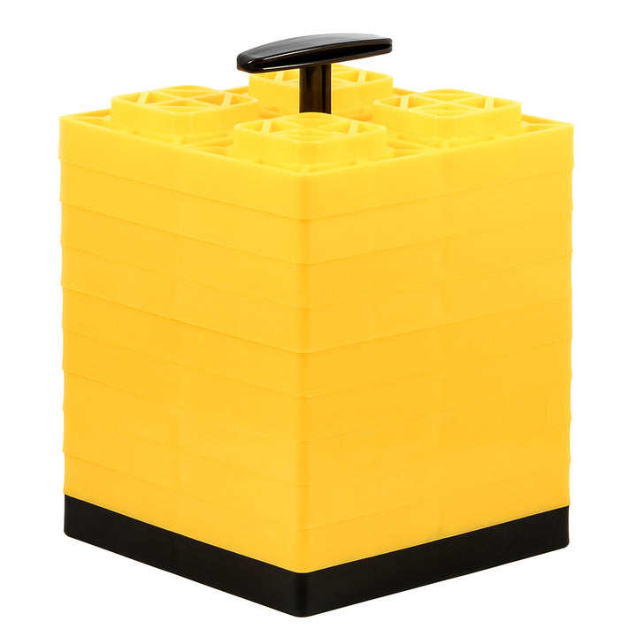 Set of 10 yellow Camco FasTen leveling blocks with T-handle, 2x2 inches, for hitches and RV leveling.