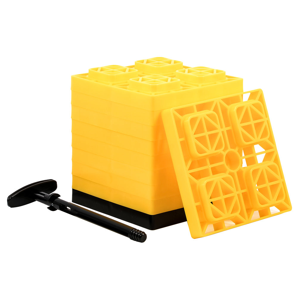 Set of 10 yellow Camco FasTen leveling blocks with T-handle, 2x2 inch size, for RV and trailer leveling and stabilizing.