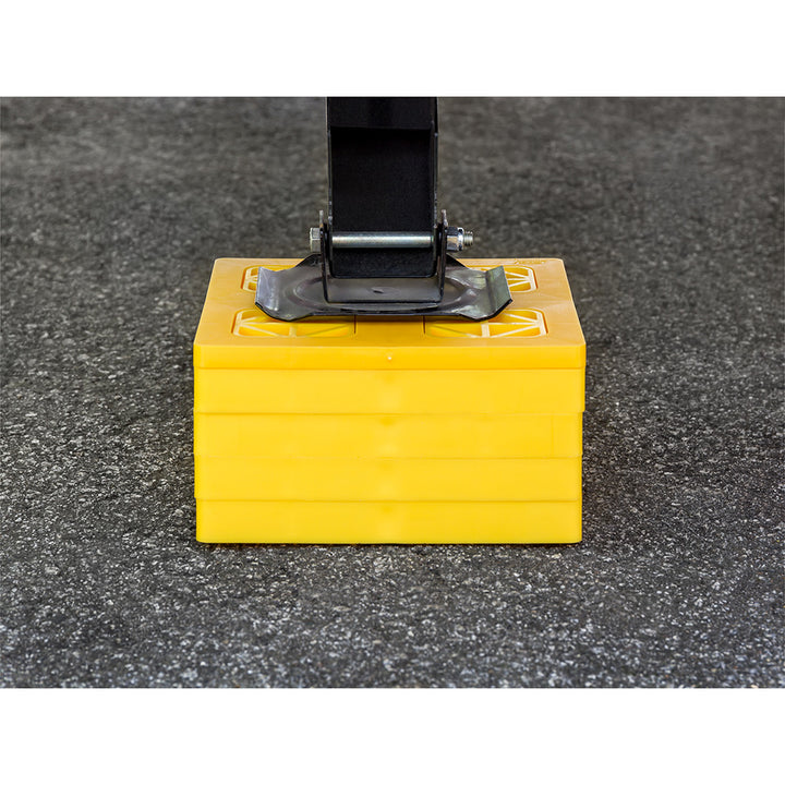Yellow Camco FasTen Leveling Blocks with T-handle, 2x2 inches, 10-pack for RV and trailer leveling and stability.