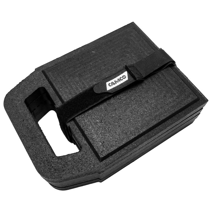 Set of four Camco rubber stabilizer jack pads, 6.2 x 6.2 inches, designed for hitches and RV stabilizing accessories.