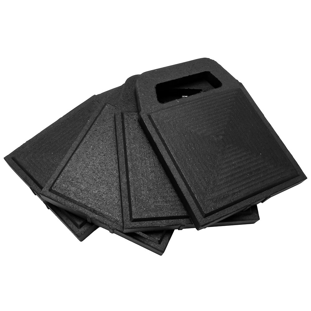 Set of four Camco rubber stabilizer jack pads, 6.2 x 6.2 inches, designed for hitches and RV stabilization.
