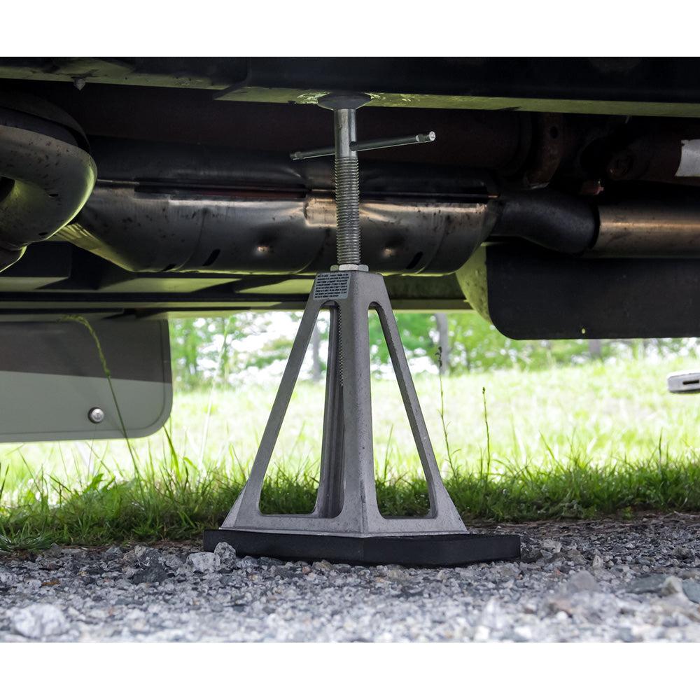 Set of four Camco rubber stabilizer jack pads measuring 6.2 by 6.2 inches for hitches and RV stabilizing accessories.