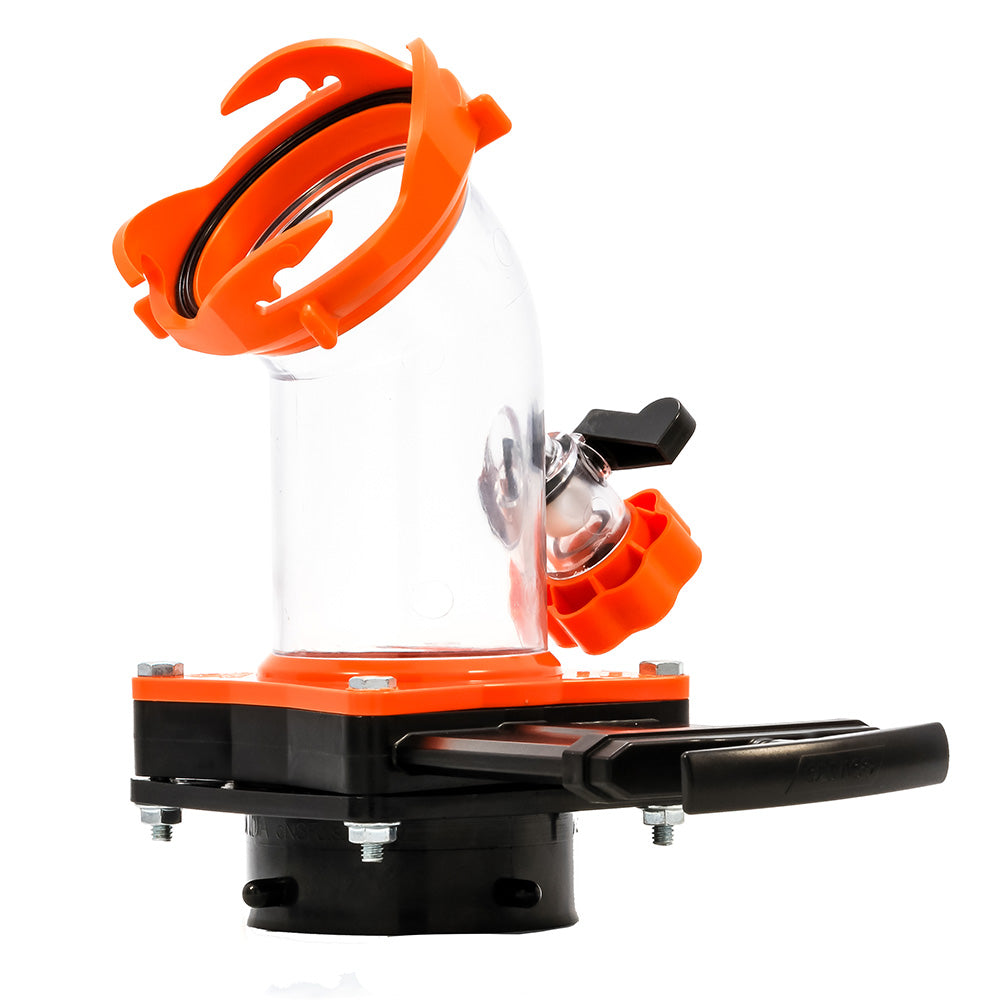 Camco Rhino Blaster Pro sanitation tool with gate valve for RV waste management, shown with hoses and fittings.