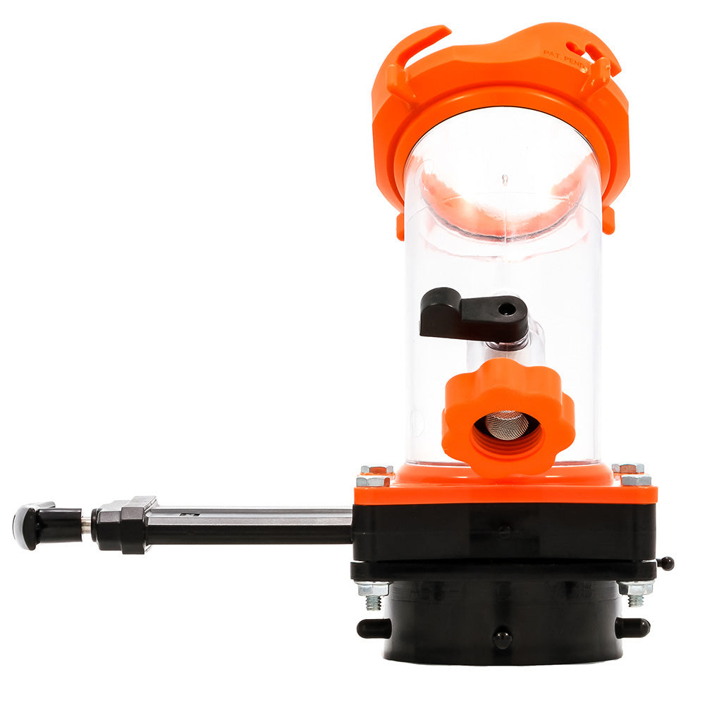 Camco Rhino Blaster Pro sanitation tool with gate valve for RV waste management, shown in a close-up image.